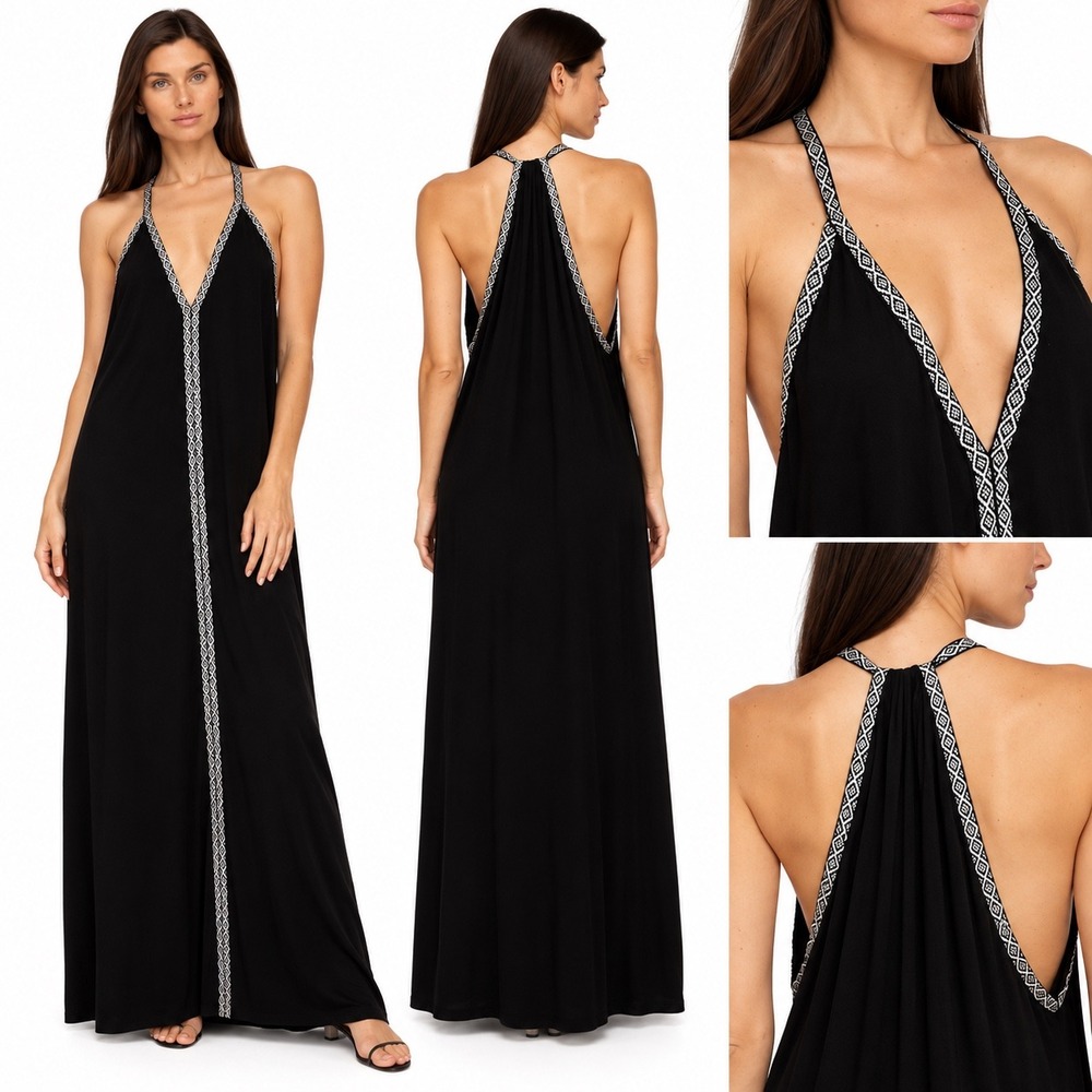 Pitusa Monochromatic Pima Sundress Black Petite Inca Trim Maxi Dress size XS/S